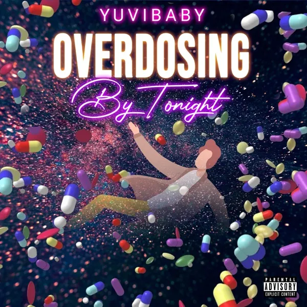 Overdosing By Tonight single cover: a figure falling through a sky full of pills.